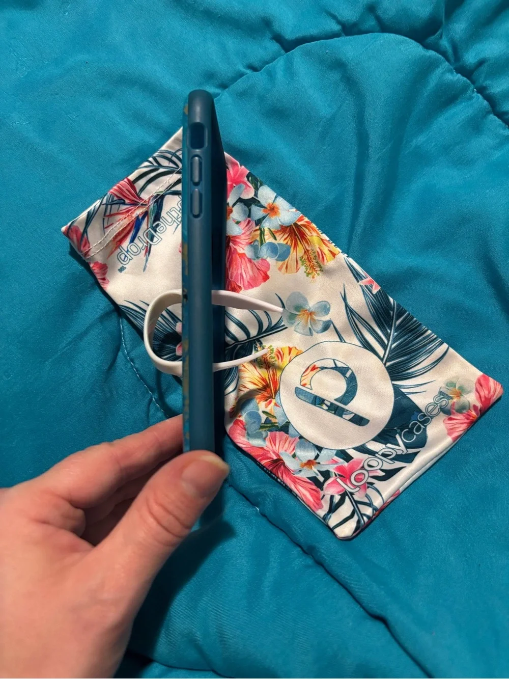 Loopy Case for iPhone X/XS , Teal Blue Phone Case with Gold Glitter